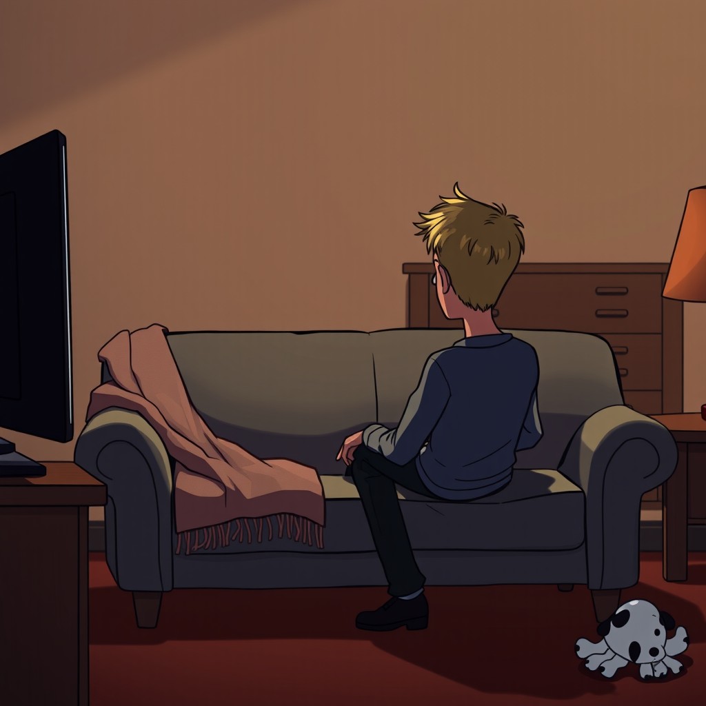 A Pixar style illustration of a dark blonde short haired man sitting on a 2-seater sofa in a dimly lit lounge, portraying a sense of loneliness and melancholy