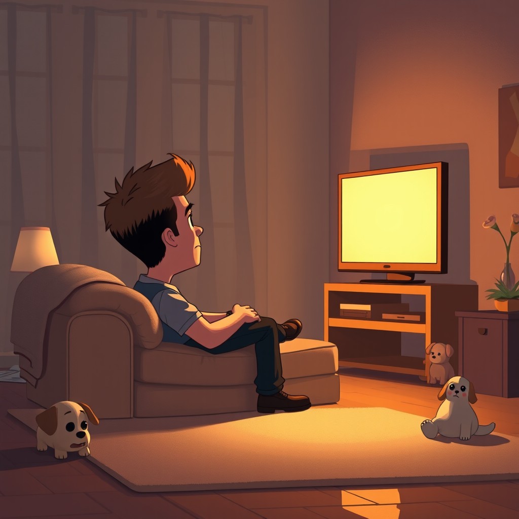 A Pixar style illustration of a dark blonde short haired man sitting on a 2-seater sofa in a dimly lit lounge, embodying a sense of loneliness and sadness