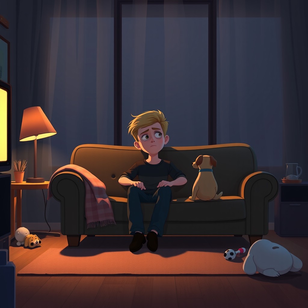 A Pixar style illustration of a dark blonde short haired man sitting on a cozy 2-seater sofa in a dimly lit lounge during a dark evening