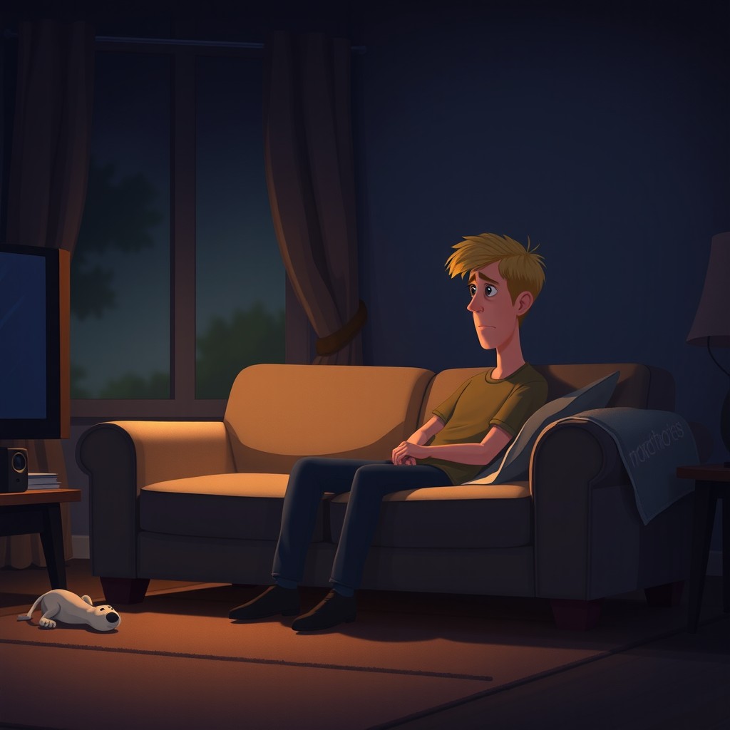 A Pixar style illustration depicting a dark blonde short haired man sitting on a 2-seater sofa in a dimly lit lounge during a dark evening