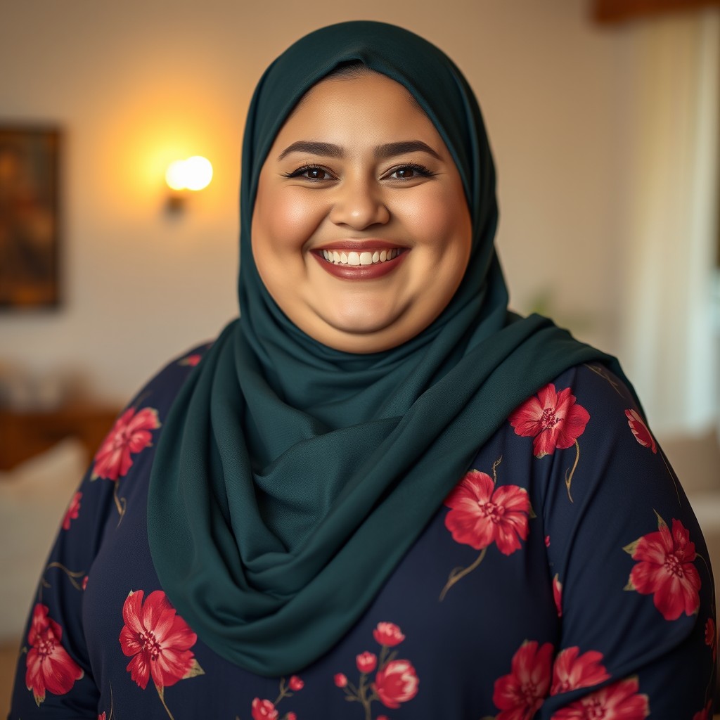 A cheerful and happy plus-sized white woman wearing a dark green hijab and a long, floral-patterned gown