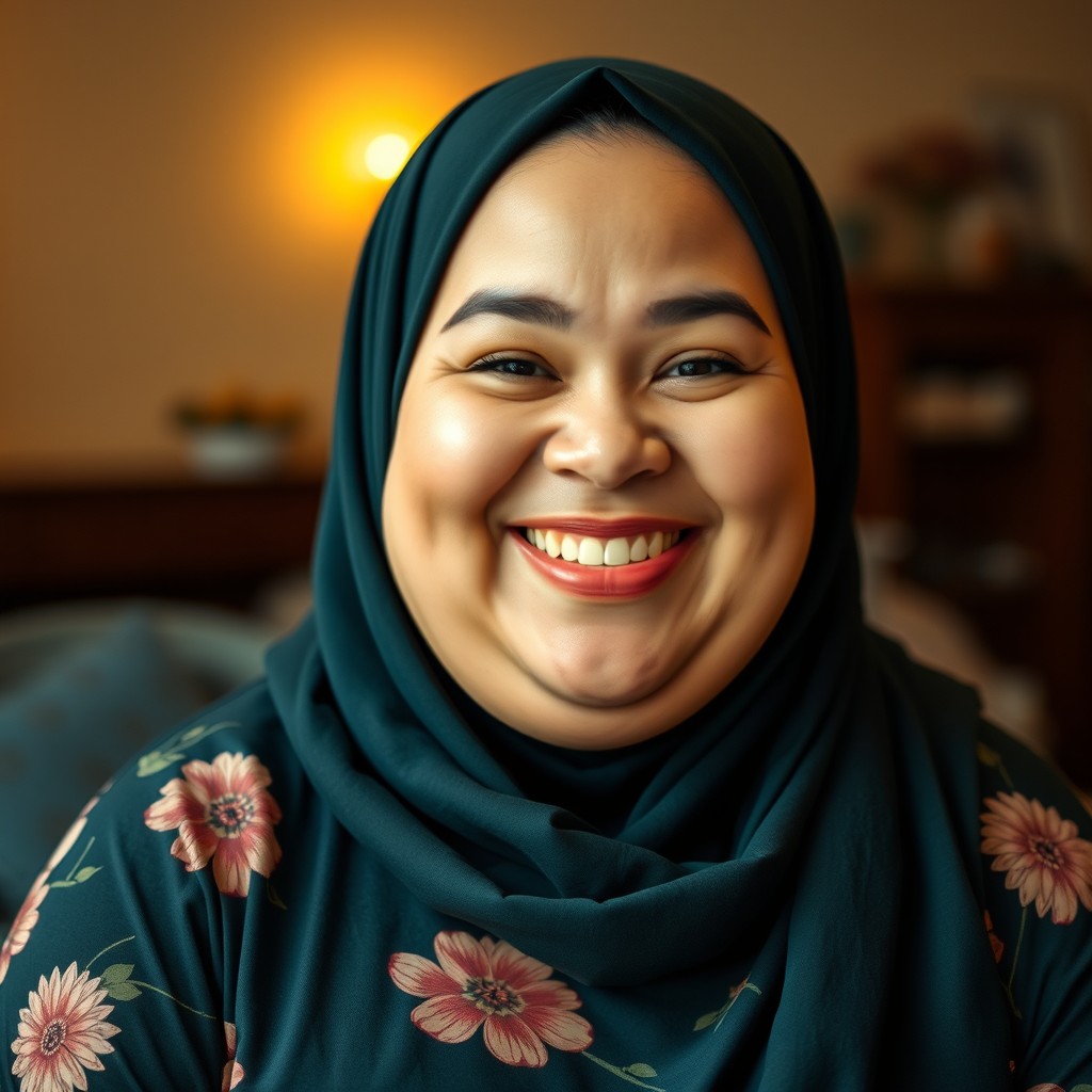 A cheerful and happy plus-sized white woman with a bright smile