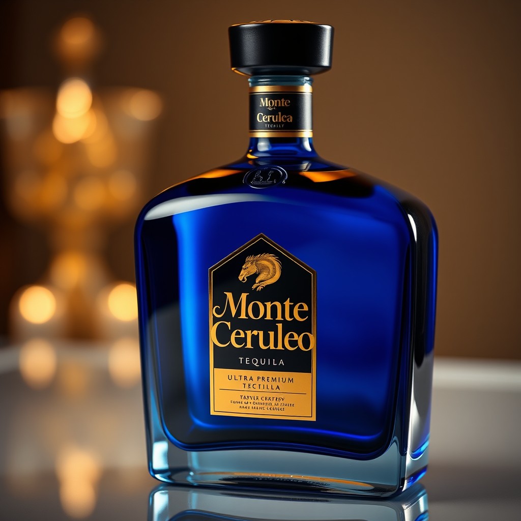 An ultra premium tequila bottle featuring a sleek cobalt blue glass design with a luxurious gold foil label that reads 'Monte Ceruleo' engraved elegantly