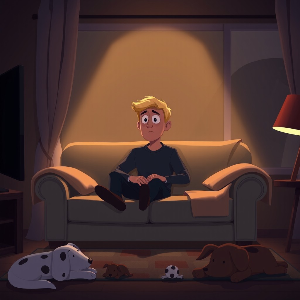 A Pixar style illustration depicting a dark blonde short haired man sitting on a 2-seater sofa in a dimly lit lounge during a dark evening