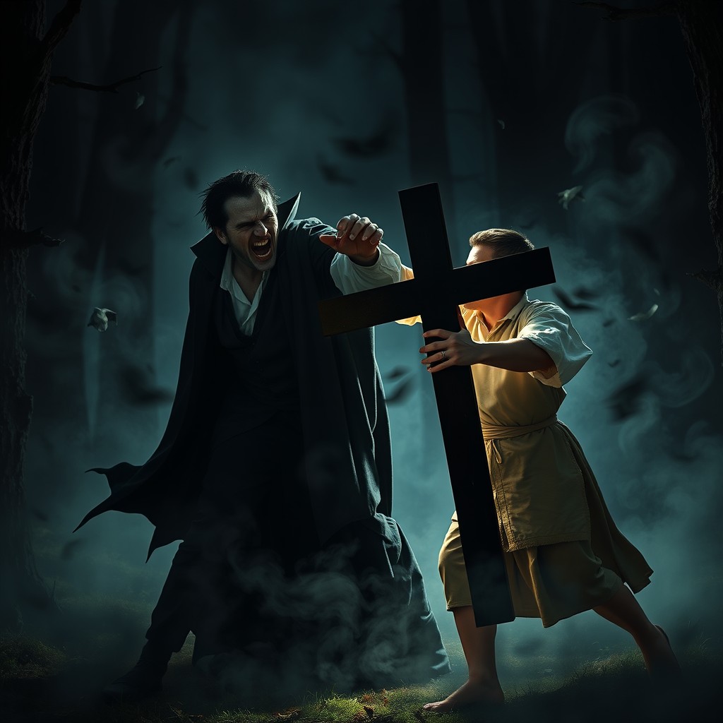 A dramatic scene depicting a vampire attacking a human, who is bravely defending himself with a large Christian cross