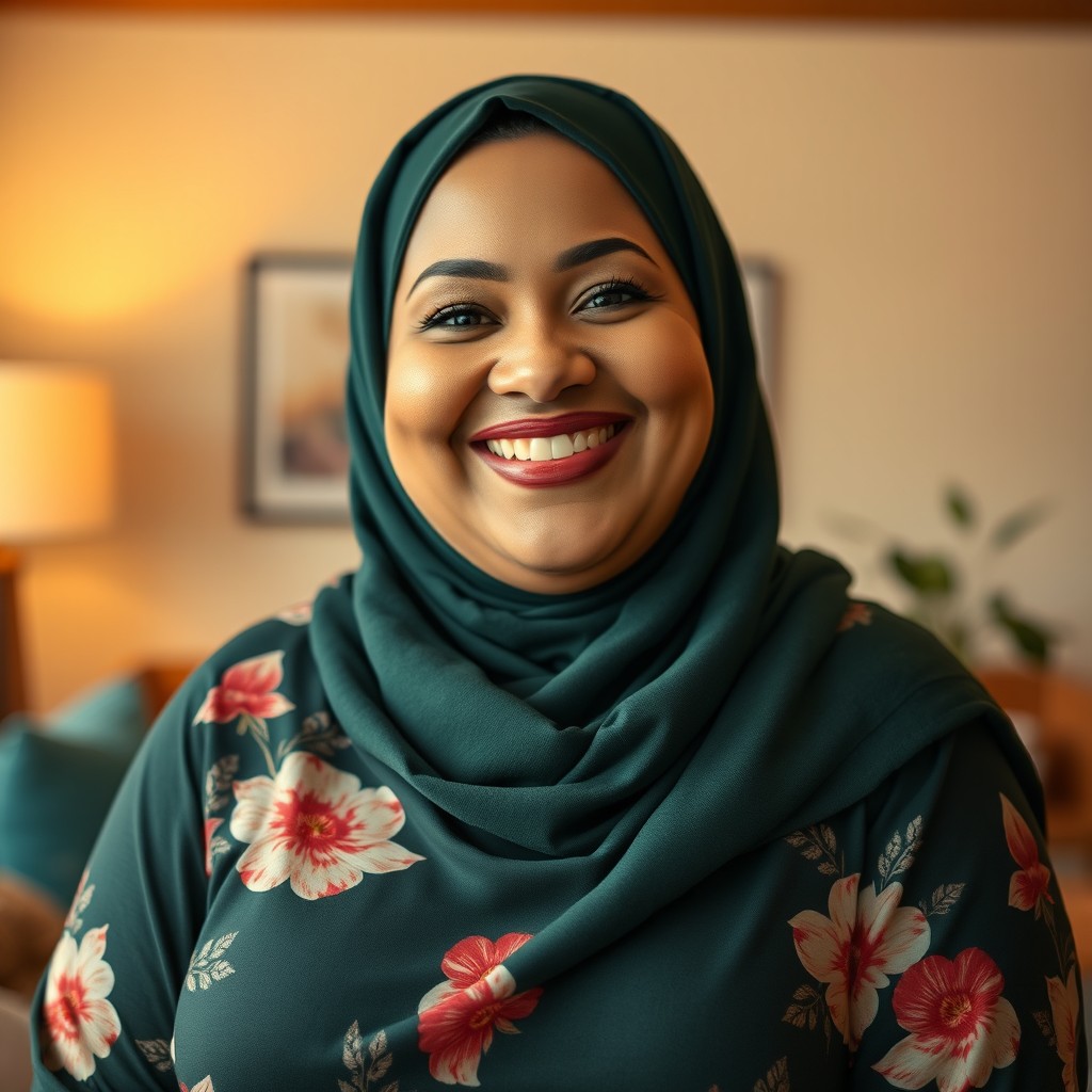 A cheerful and happy plus-sized white woman with a bright, warm smile