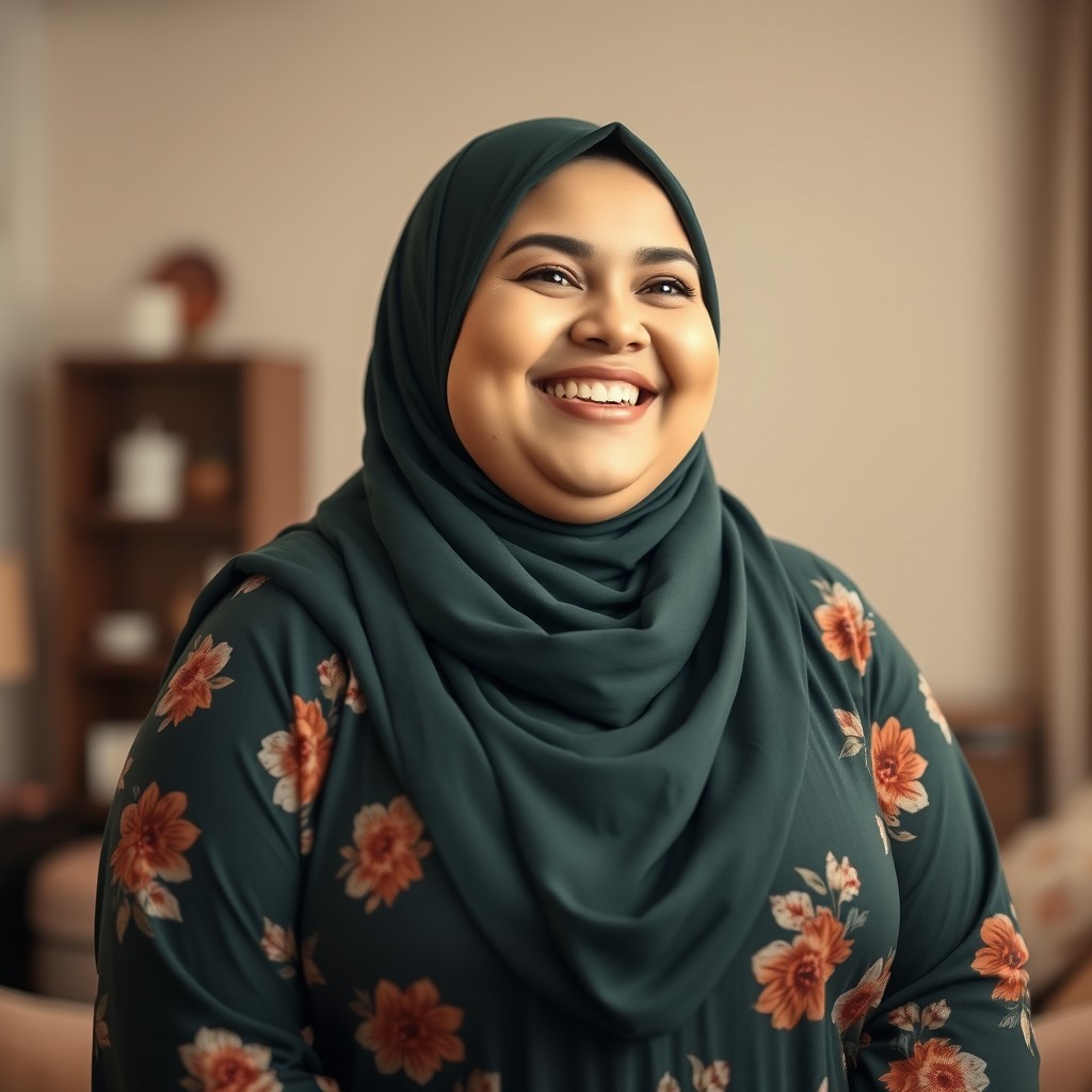 A cheerful and happy plus-sized white woman with a bright smile