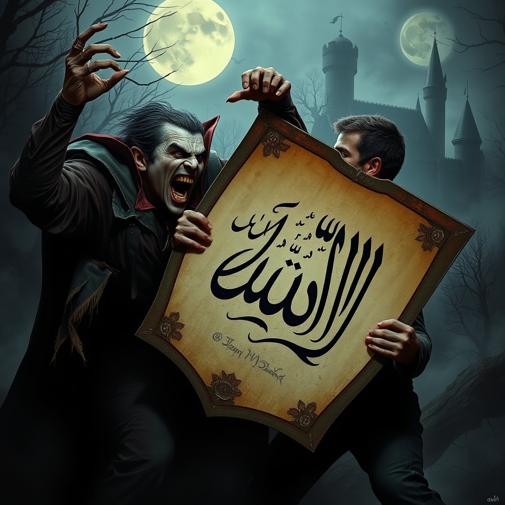 A dramatic scene depicting a vampire attacking a human