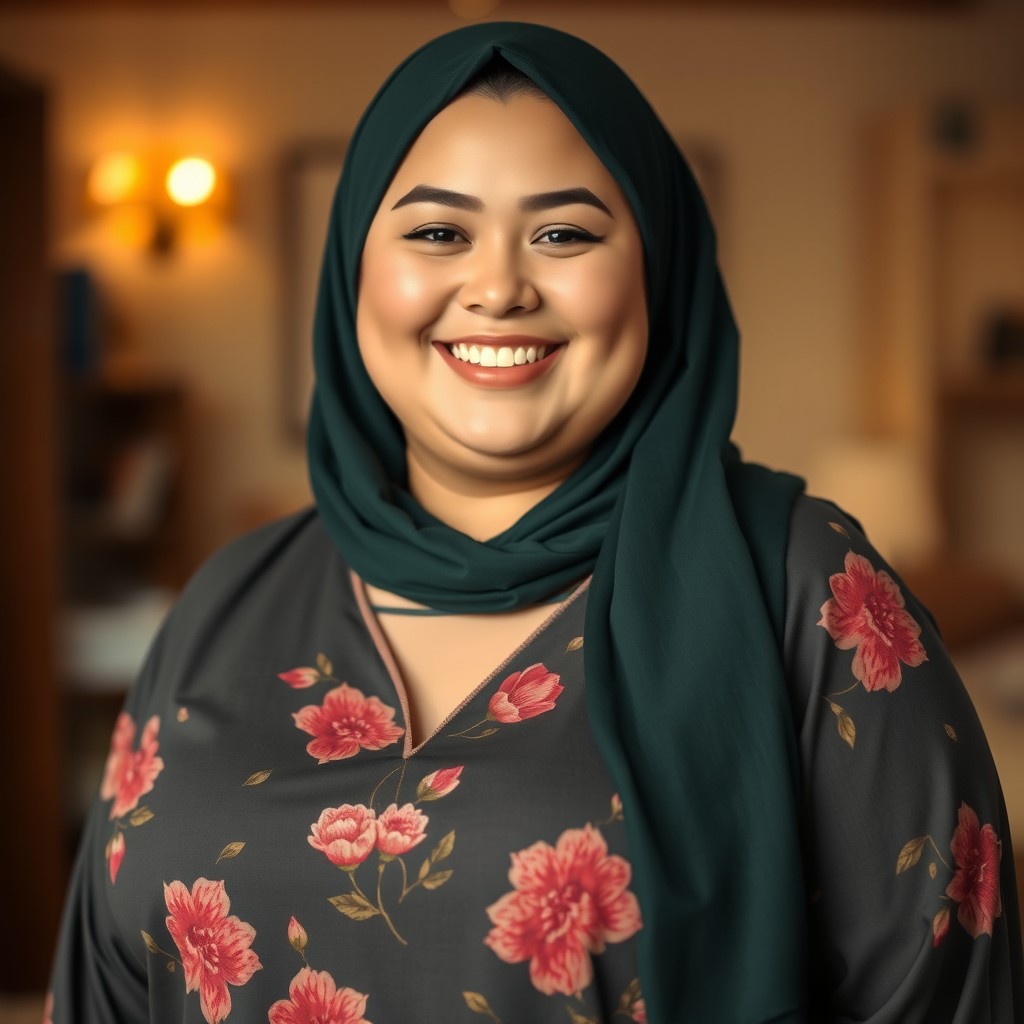 A cheerful and happy plus-sized white woman with a bright smile