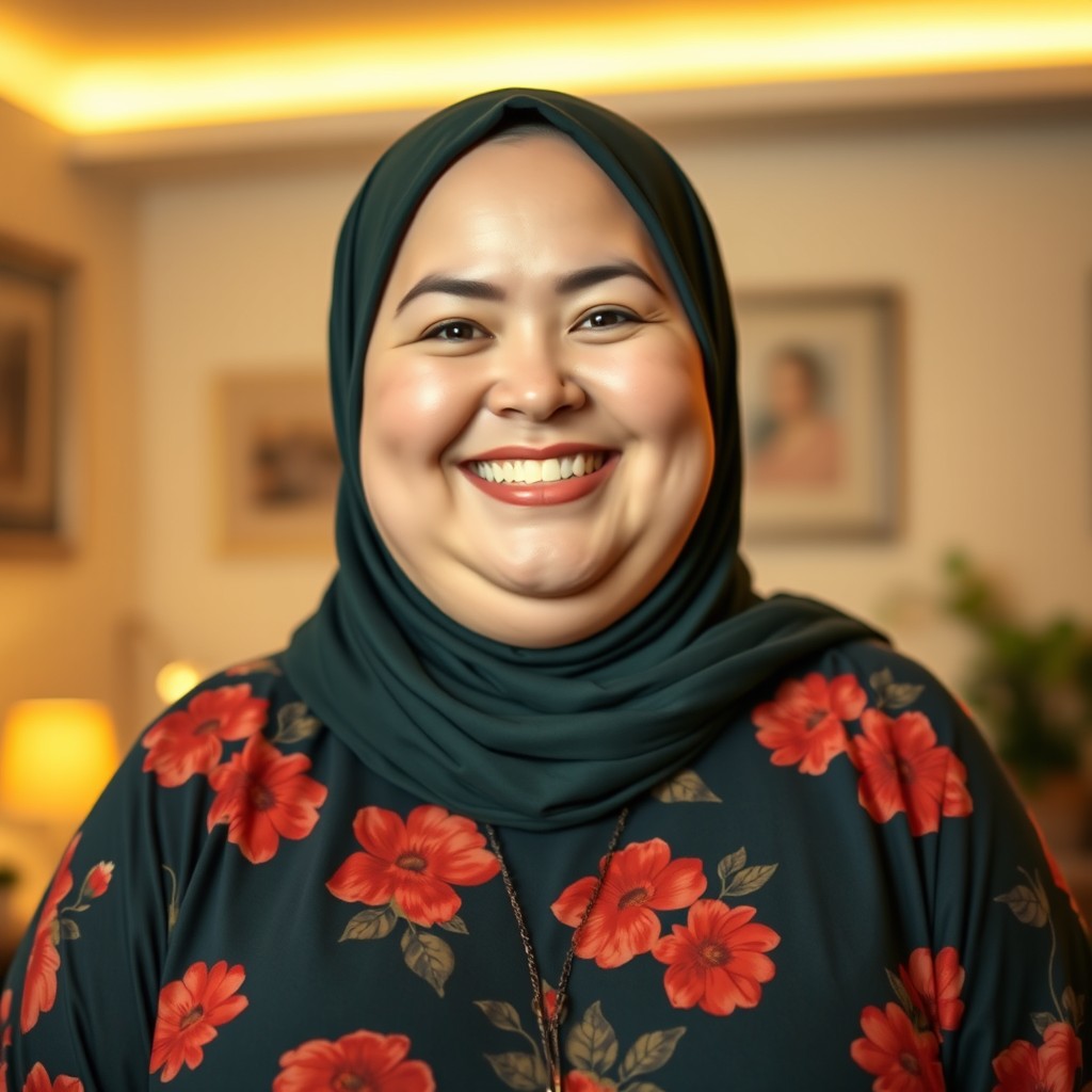A cheerful and happy plus-sized white woman with a bright smile