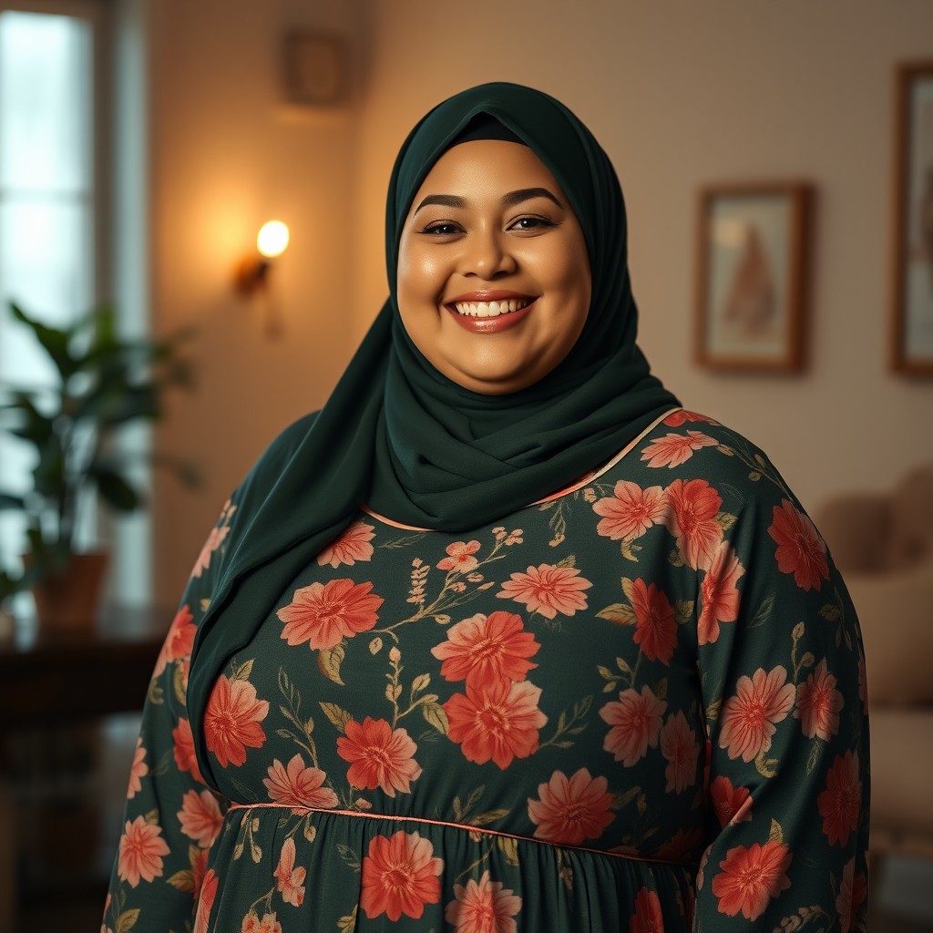 A cheerful and happy plus-sized white woman with a bright smile