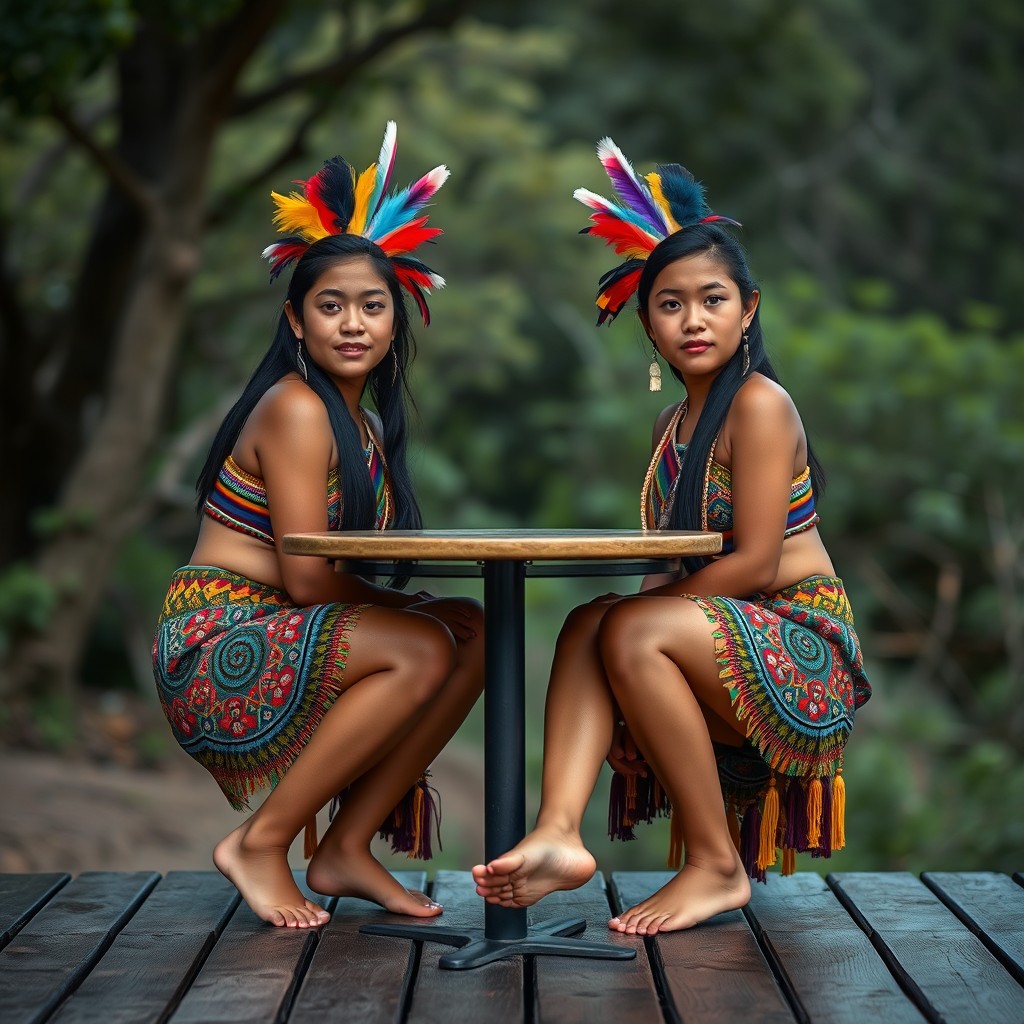 Two young South American indigenous women sitting at a table side by side, with their legs bent at the knees and apart at an angle of 100 degrees, positioned so that their legs are at the same height and inclined backward