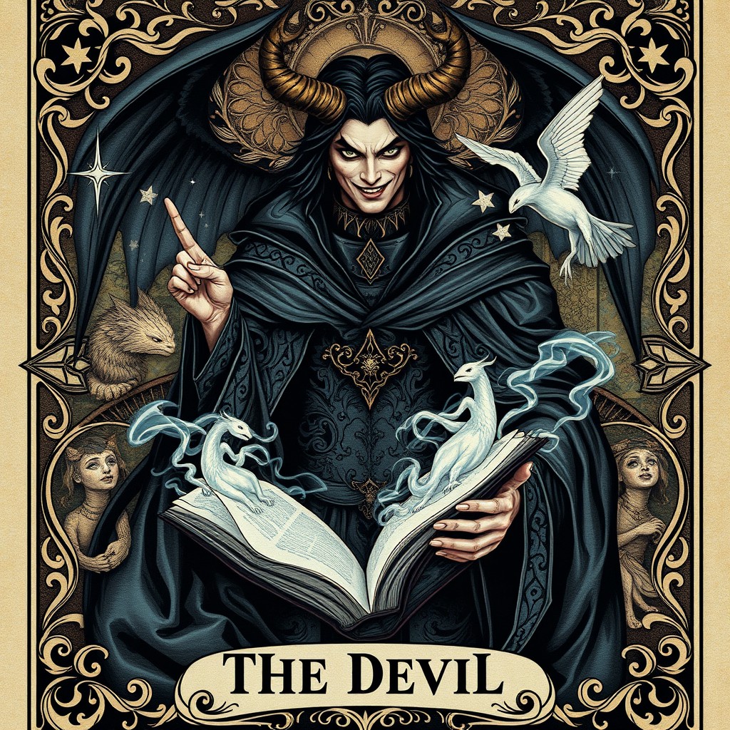 An artistic representation of 'The Devil' Tarot card, inspired by the enchanter from the Polish fairy tale 'The Enchanted Book'