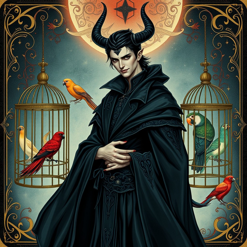 An artistic representation of 'The Devil' Tarot card, inspired by the enchanter from the Polish fairy tale 'The Enchanted Book'