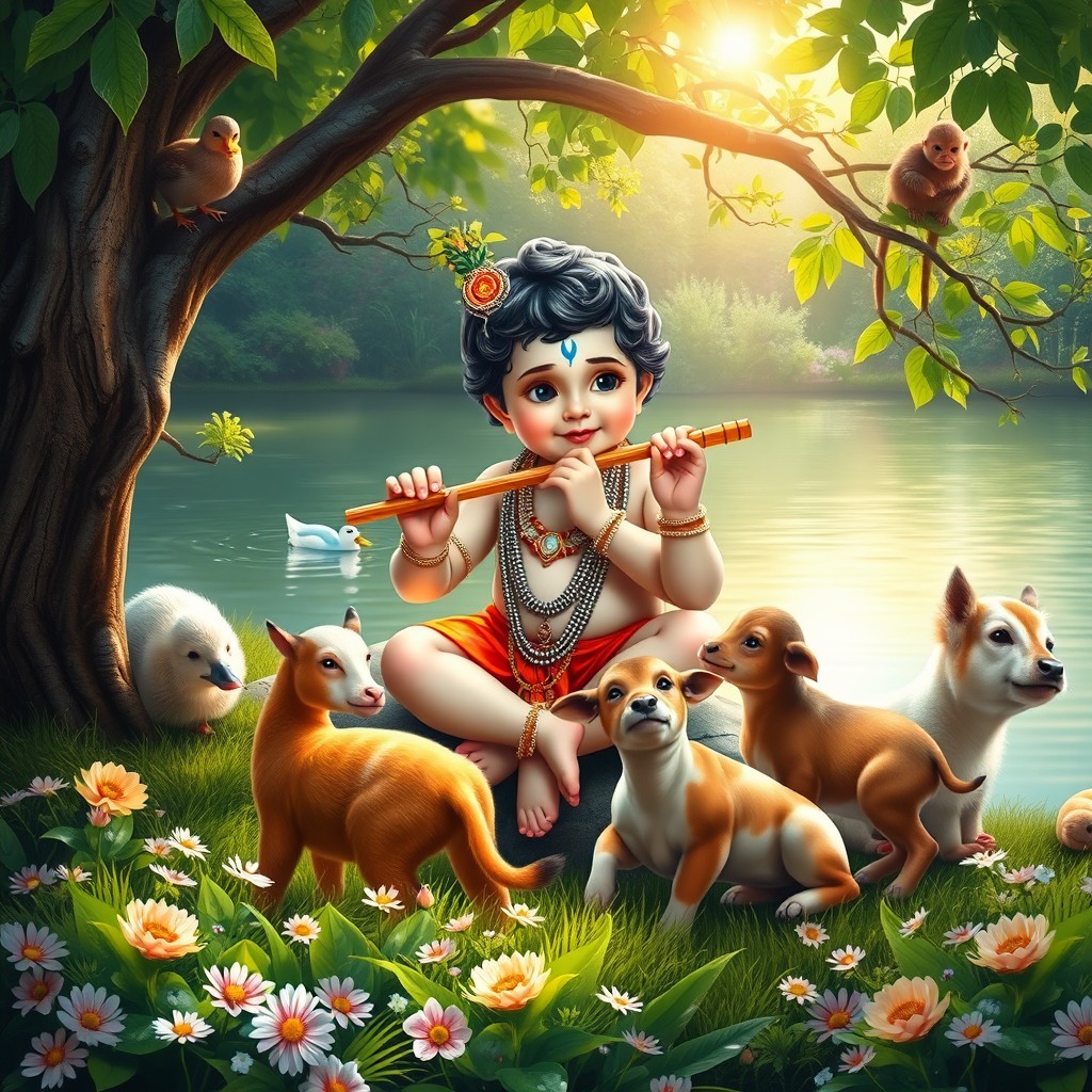 A serene scene depicting baby Lord Krishna playing a flute while sitting near a tranquil pond