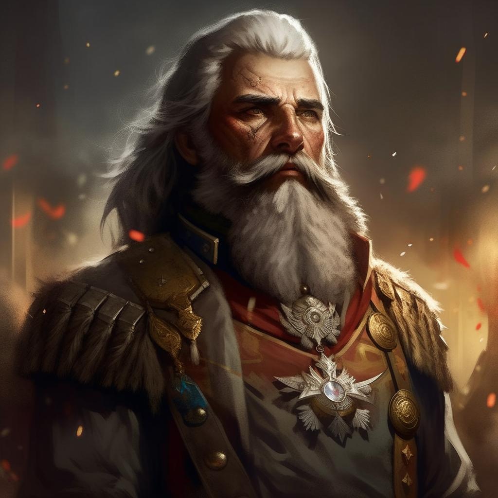 A digital painting of a grizzled fantasy general having a grey-flecked beard, golden epaulettes, and valor medals. His stern gaze reflects the chaos of a battlefield, portrayed in a detailed video game art style with dynamic lighting