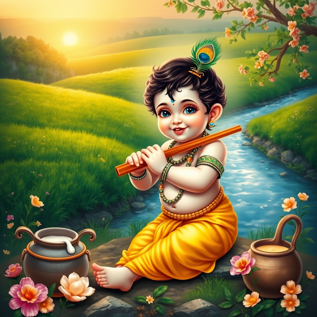 A divine portrayal of baby Lord Krishna, with a playful expression, surrounded by lush green fields and blooming flowers