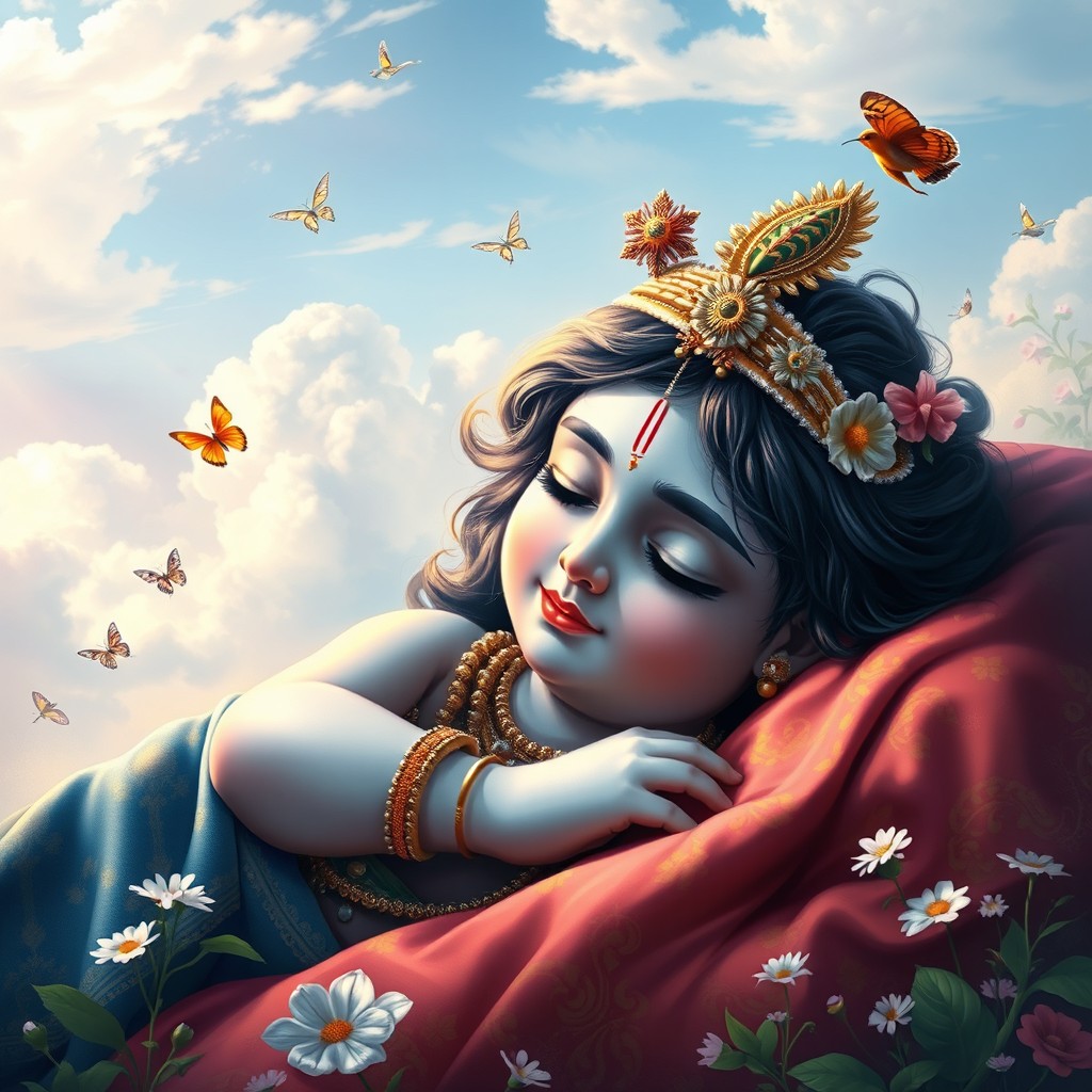 A serene depiction of Krishna peacefully sleeping, adorned with traditional ornaments and a vibrant, richly patterned cloth draped over him