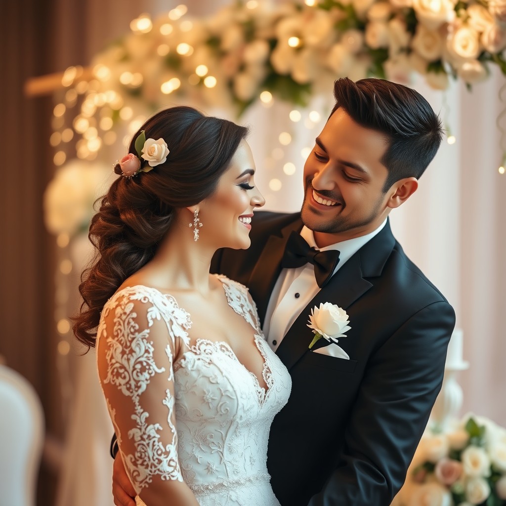 A romantic close-up wedding photo, featuring a bride and groom smiling tenderly at each other, capturing the love and joy of their special day