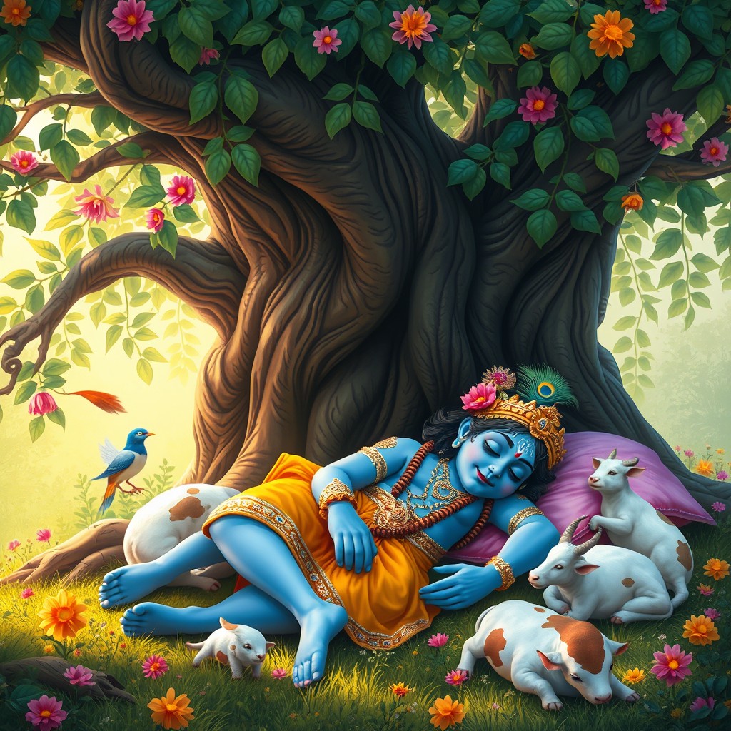A serene scene of the Hindu deity Krishna peacefully sleeping under a large, beautifully adorned tree with intricate designs