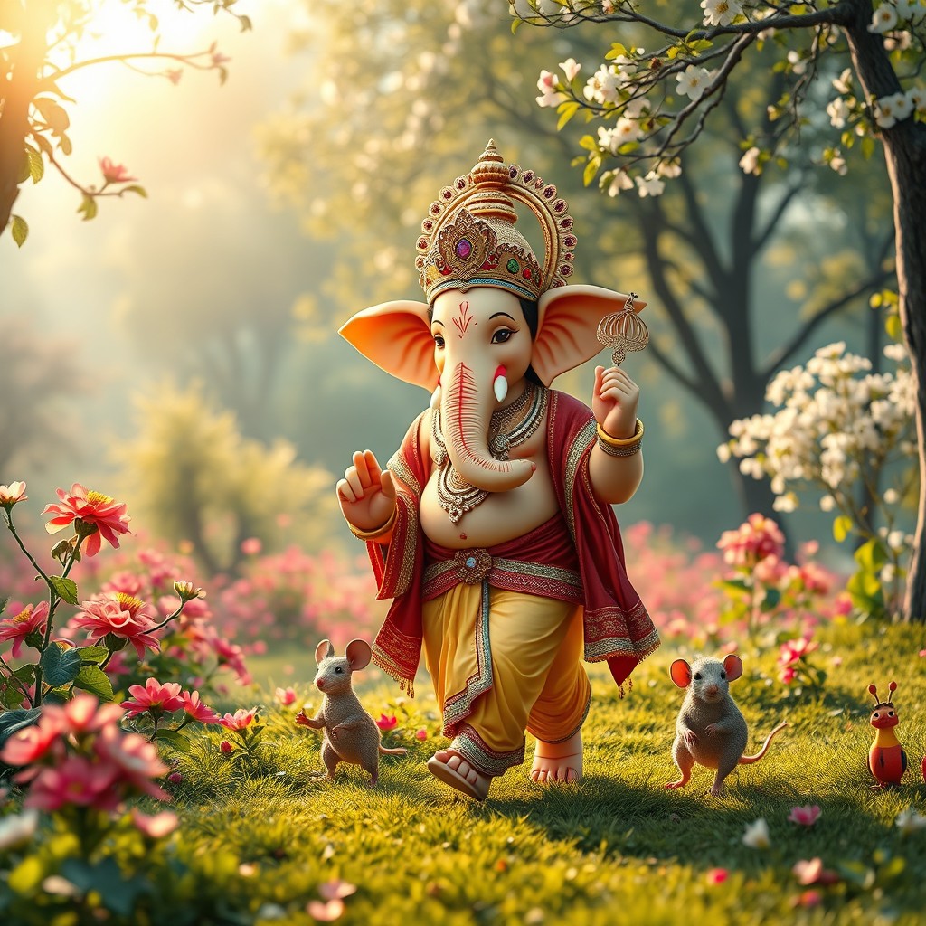 A majestic representation of Lord Ganesh walking gracefully with a small mouse by his side