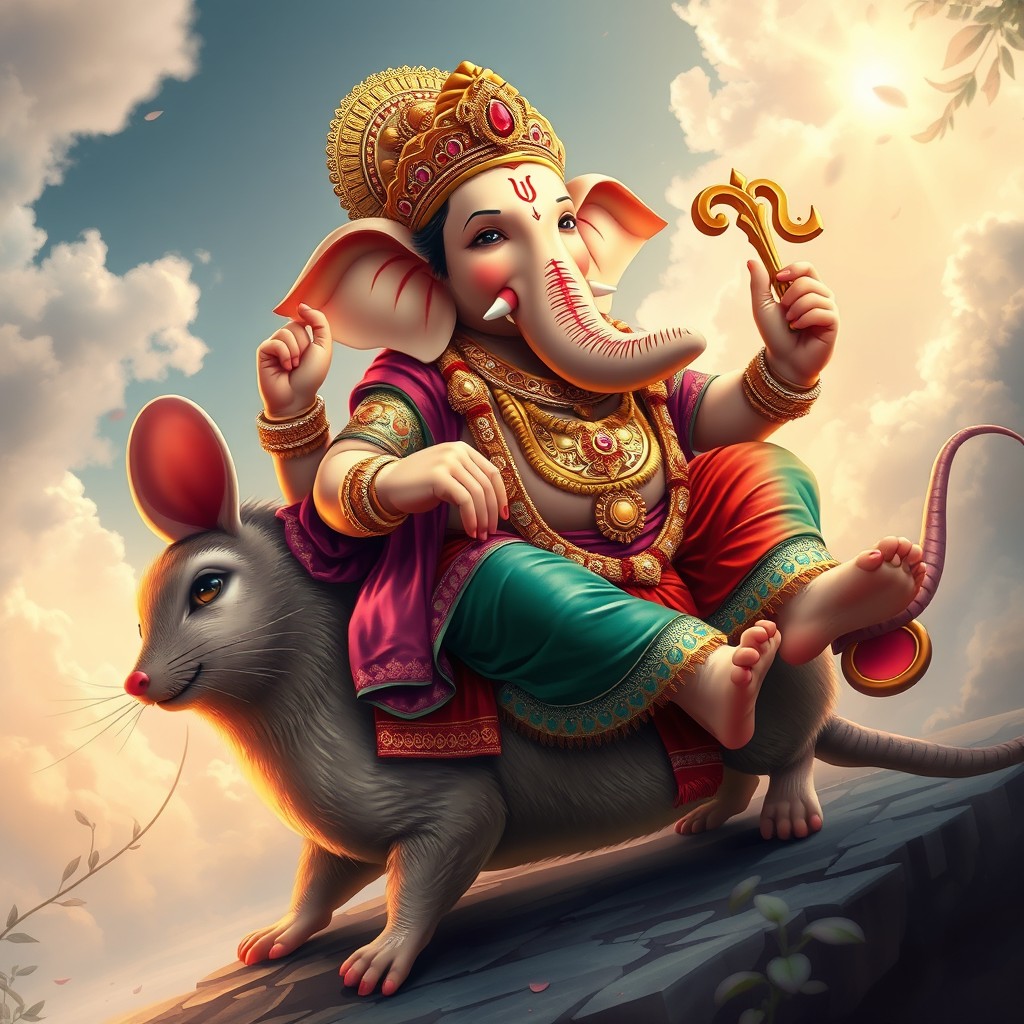 A majestic depiction of Lord Ganesh riding a mouse, showcasing his vibrant traditional attire adorned with intricate gold jewelry