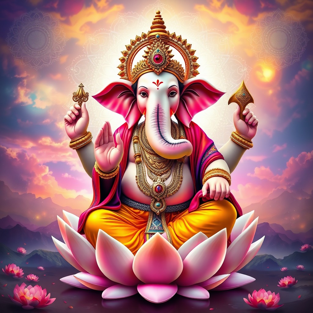 A majestic representation of Lord Ganesh, depicted with a large elephant head, multiple arms, and a serene expression