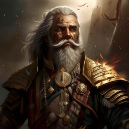 A digital painting of a grizzled fantasy general having a grey-flecked beard, golden epaulettes, and valor medals. His stern gaze reflects the chaos of a battlefield, portrayed in a detailed video game art style with dynamic lighting