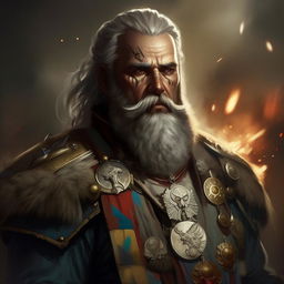 A digital painting of a grizzled fantasy general having a grey-flecked beard, golden epaulettes, and valor medals. His stern gaze reflects the chaos of a battlefield, portrayed in a detailed video game art style with dynamic lighting