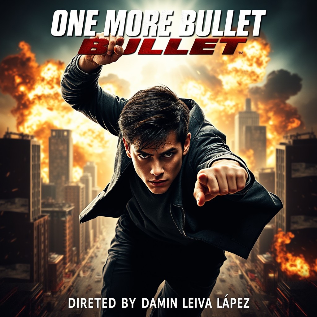 An action movie poster in the style of Mission Impossible featuring a young male protagonist in a dynamic pose, showcasing intense determination and bravery