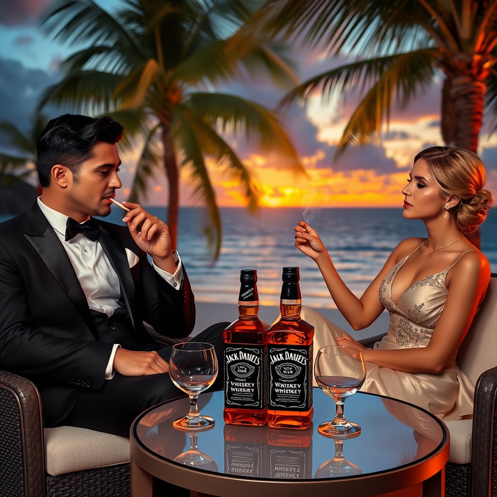 An elegant scene featuring a man and a woman dressed in formal evening attire, sitting on a stylish terrace overlooking the stunning Caribbean sea