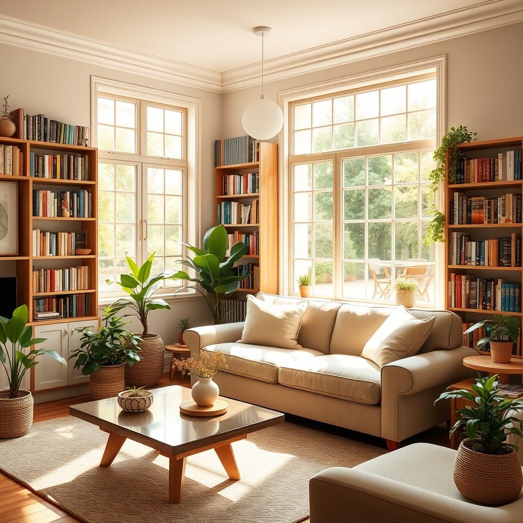 A bright and welcoming living room, beautifully decorated with a comfortable sofa, a coffee table, and a large bookshelf filled with books