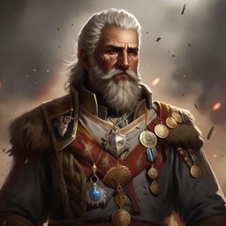 A digital painting of a grizzled fantasy general having a grey-flecked beard, golden epaulettes, and valor medals. His stern gaze reflects the chaos of a battlefield, portrayed in a detailed video game art style with dynamic lighting