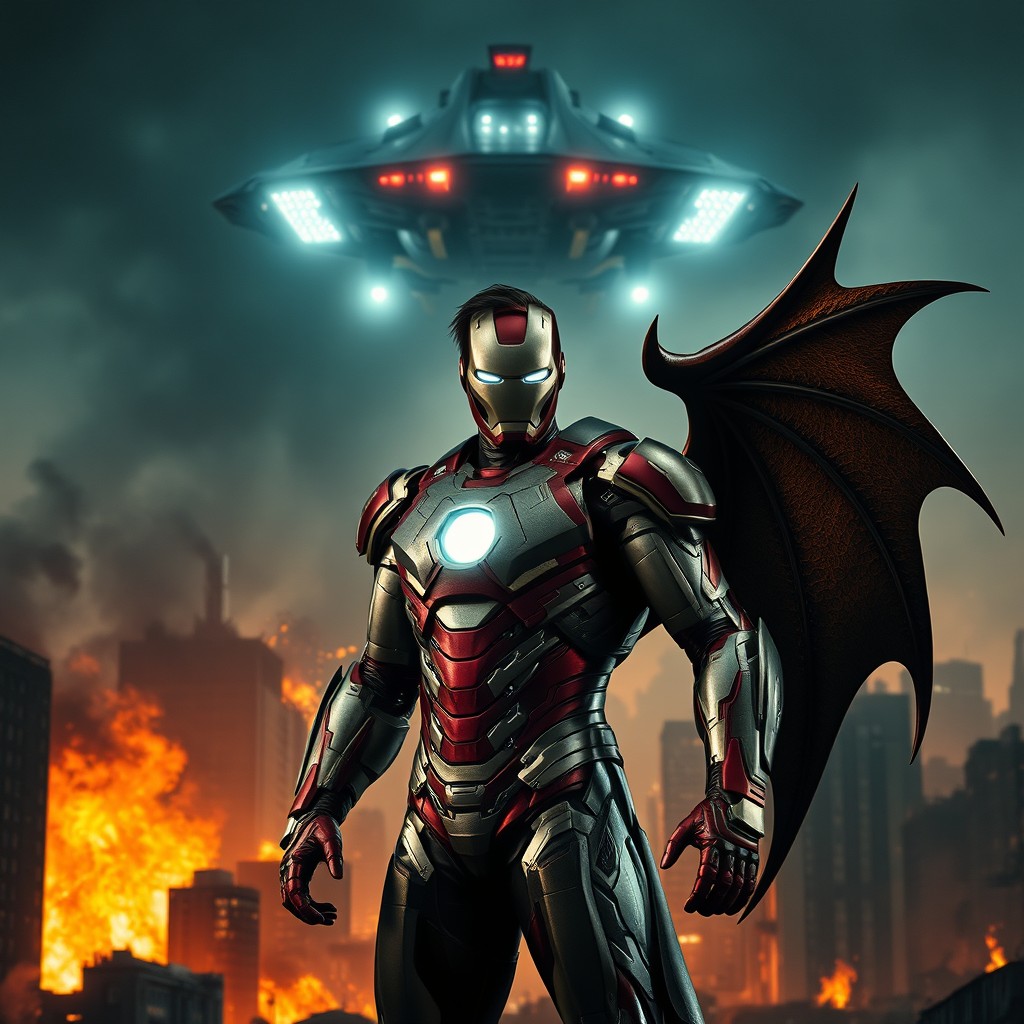 A man wearing an Ironman suit uniquely designed to resemble a dragon, complete with scales and wings, stands heroically in front of a burning cityscape filled with flames and smoke