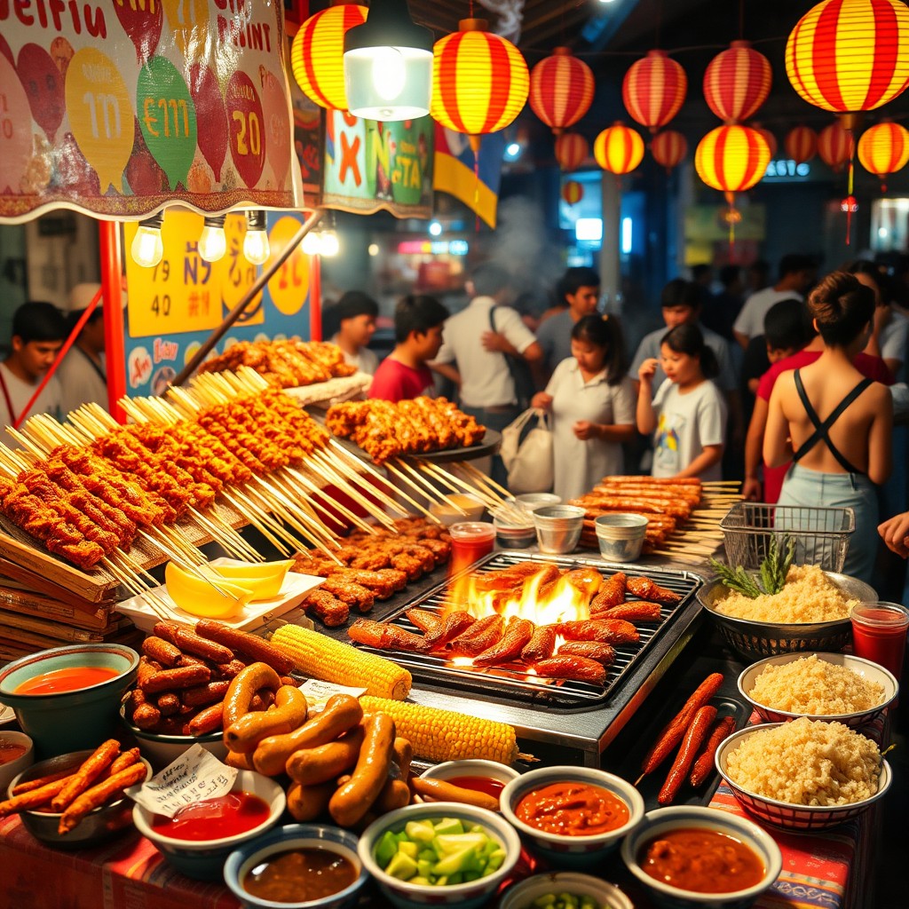 A vibrant and enticing scene showcasing a self-service Filipino street food barbecue style