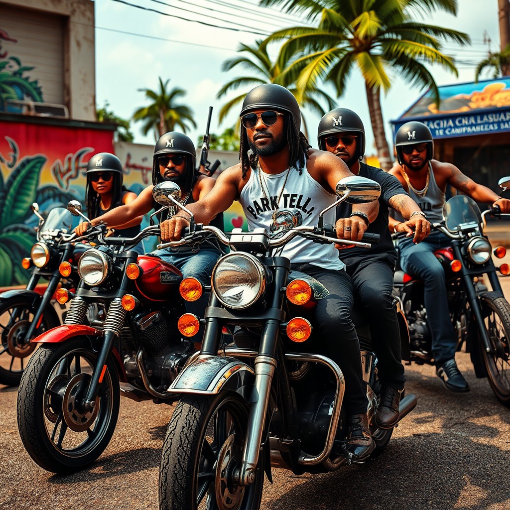 A striking scene capturing a Caribbean gang on motorcycles, exuding a sense of power and camaraderie