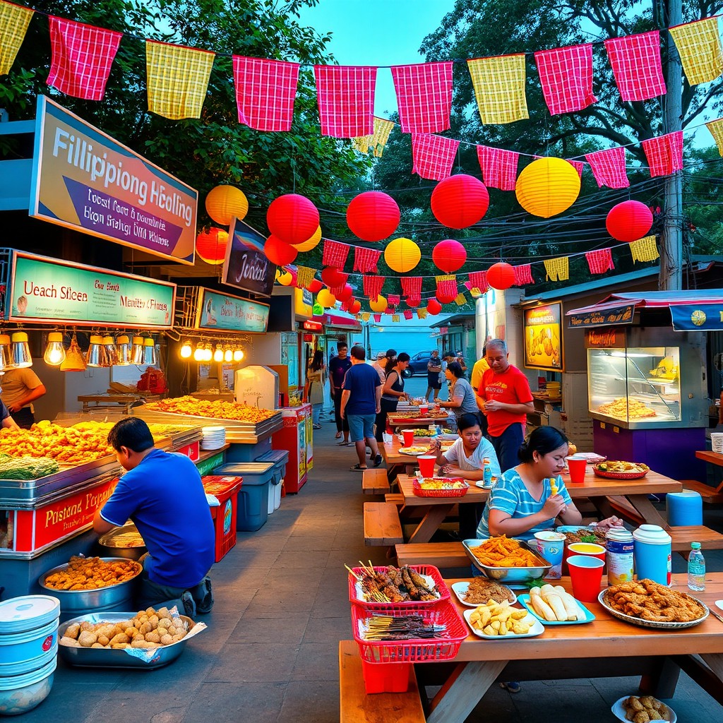 A bustling and colorful Filipino street food scene designed for self-service