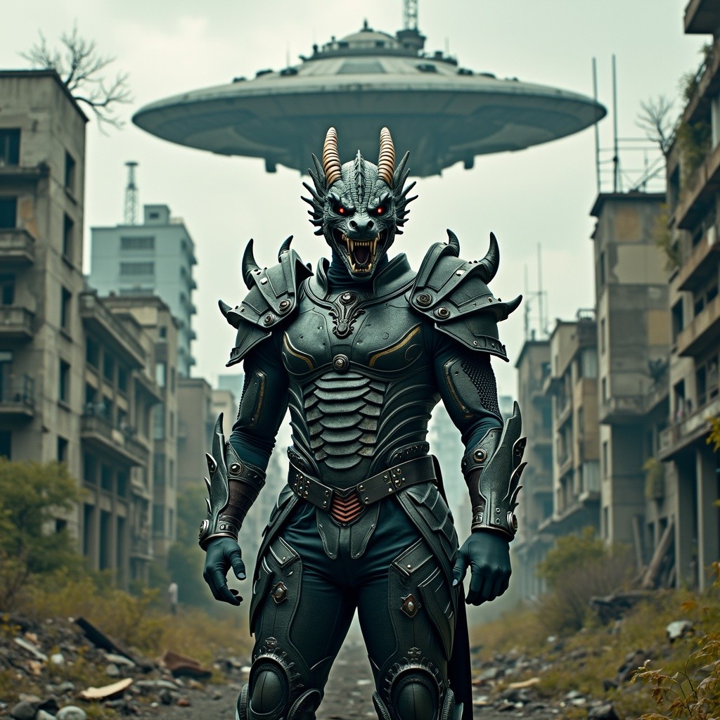 A man clad in a dragon-shaped armored suit, featuring intricate design elements that mimic dragon scales and a fierce aesthetic, stands confidently in front of a dystopian city skyline filled with decaying buildings and overgrown vegetation
