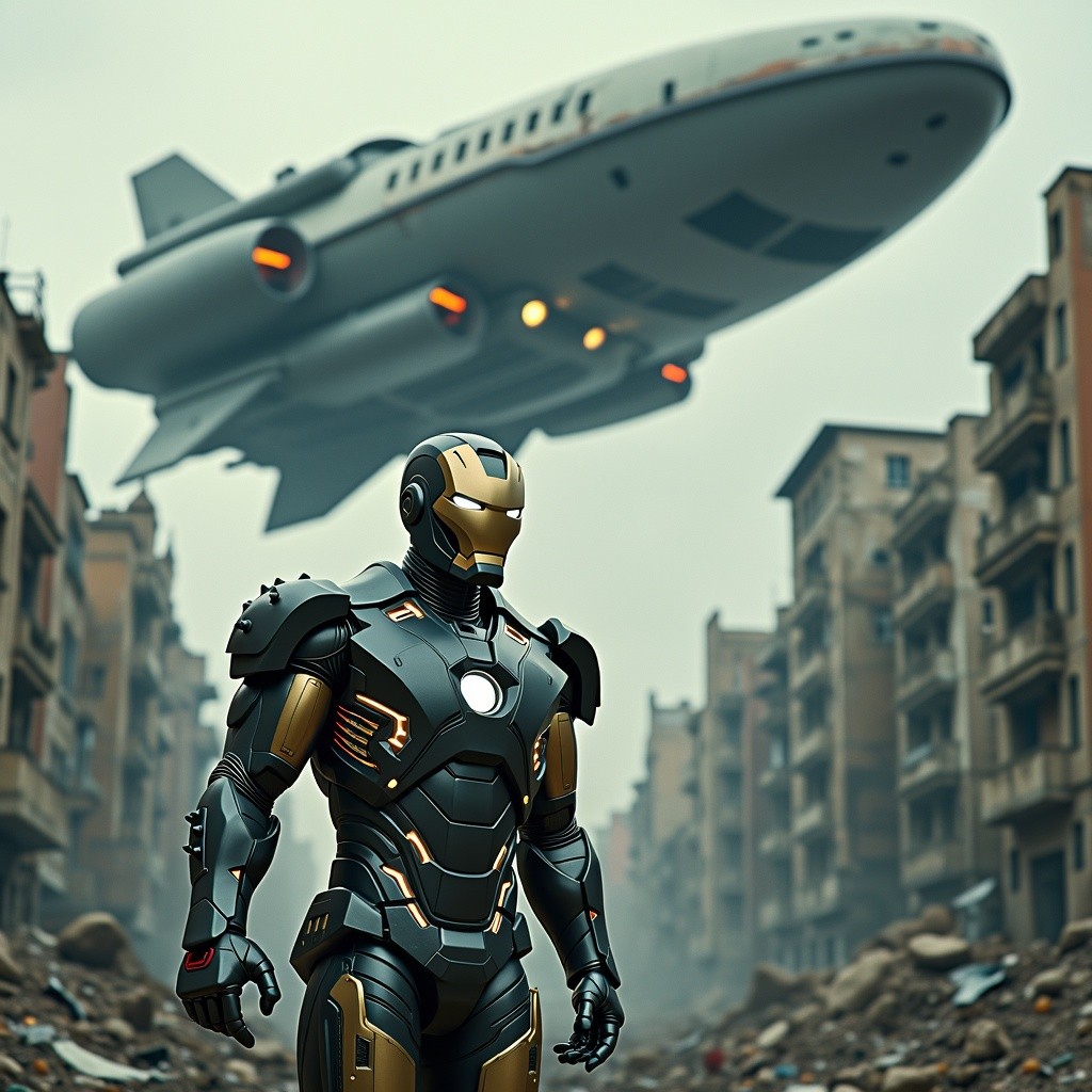 A man in body armor reminiscent of Iron Man, intricately shaped like a dragon with scale-like features and fierce contours, stands resolutely in front of a dystopian cityscape marked by crumbling buildings and a gloomy atmosphere