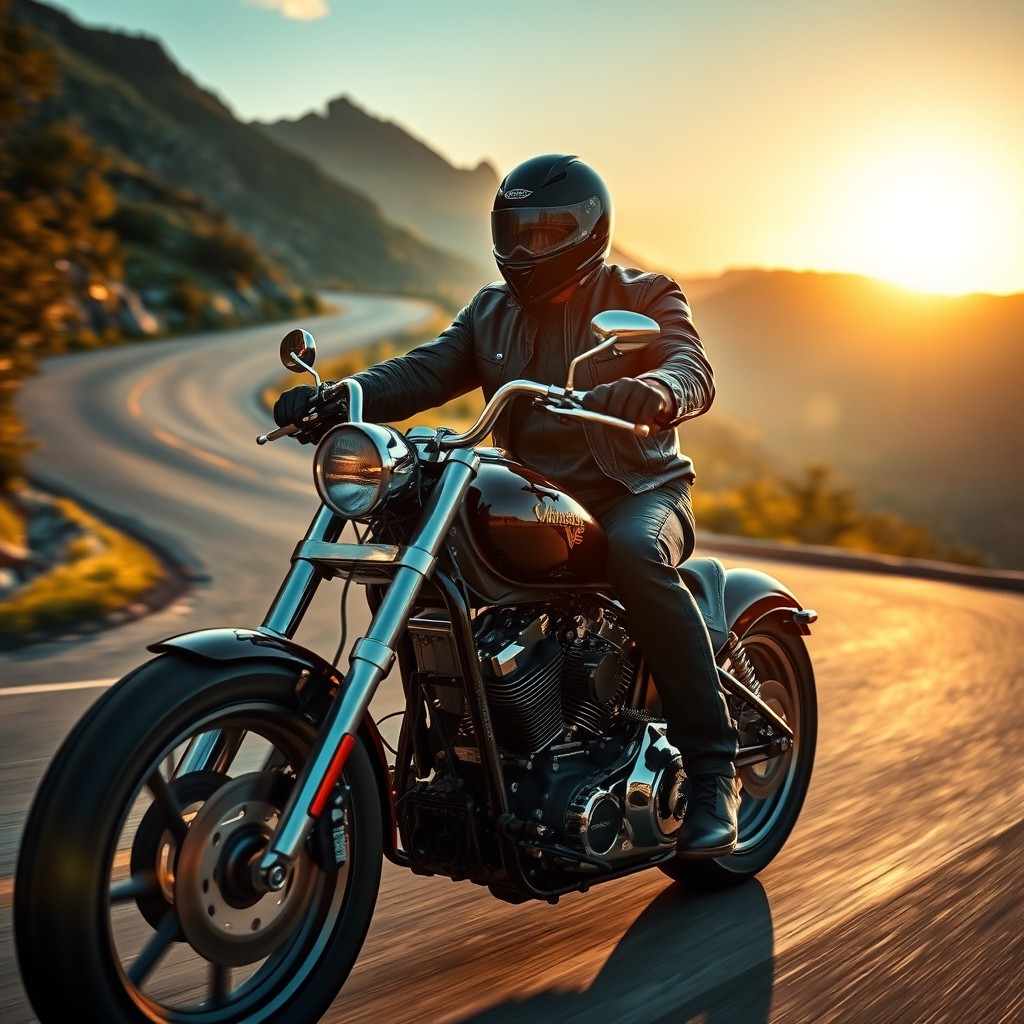 A realistic cinematic scene featuring a rider on a chopper motorcycle, cruising down a winding road surrounded by scenic landscapes