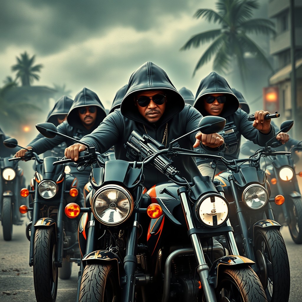 A powerful and intense scene showcasing a Caribbean gang on motorcycles, all wearing hoods, creating an aura of mystery and intrigue