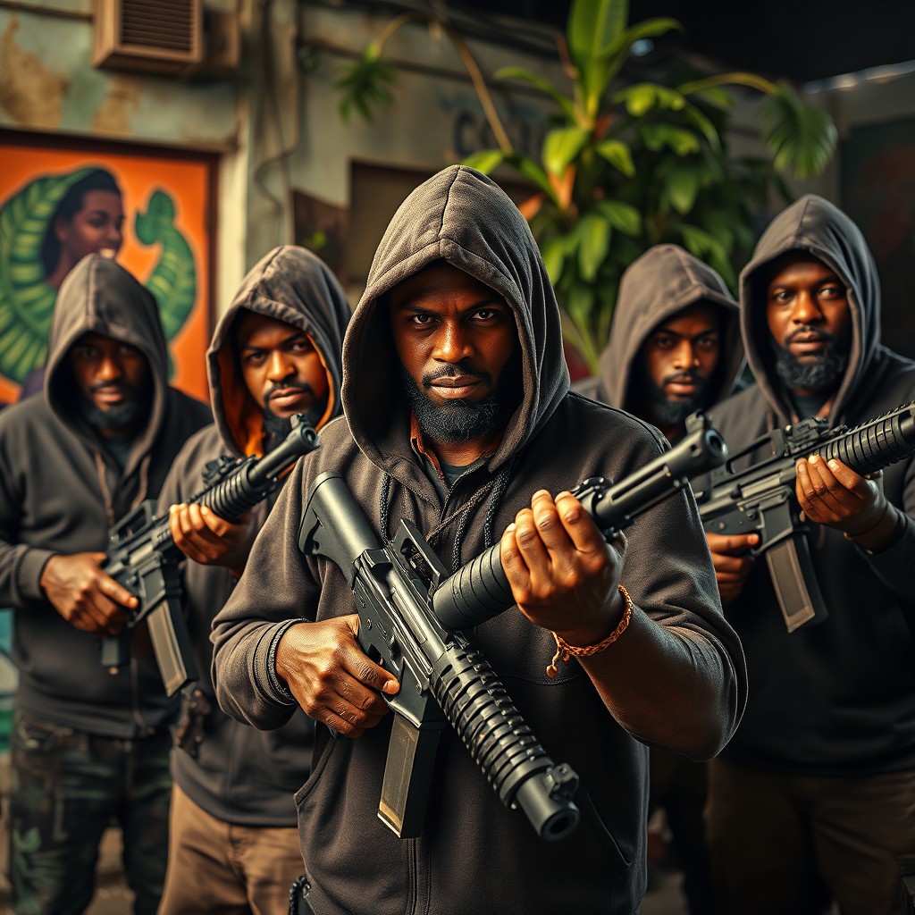 A dramatic scene depicting a Caribbean gang wearing hoods, exuding a strong sense of camaraderie and unity