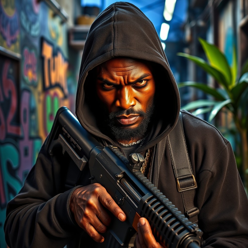 An intense portrayal of a Caribbean gangster wearing a hood, exuding an aura of mystery and toughness