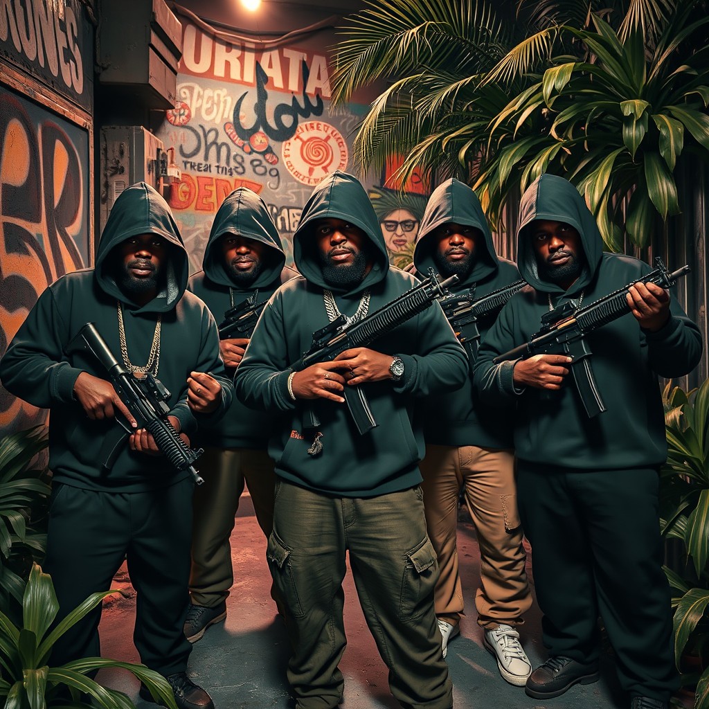 A striking scene featuring a group of Caribbean gangster rappers, all wearing hoods, embodying a strong sense of unity and defiance
