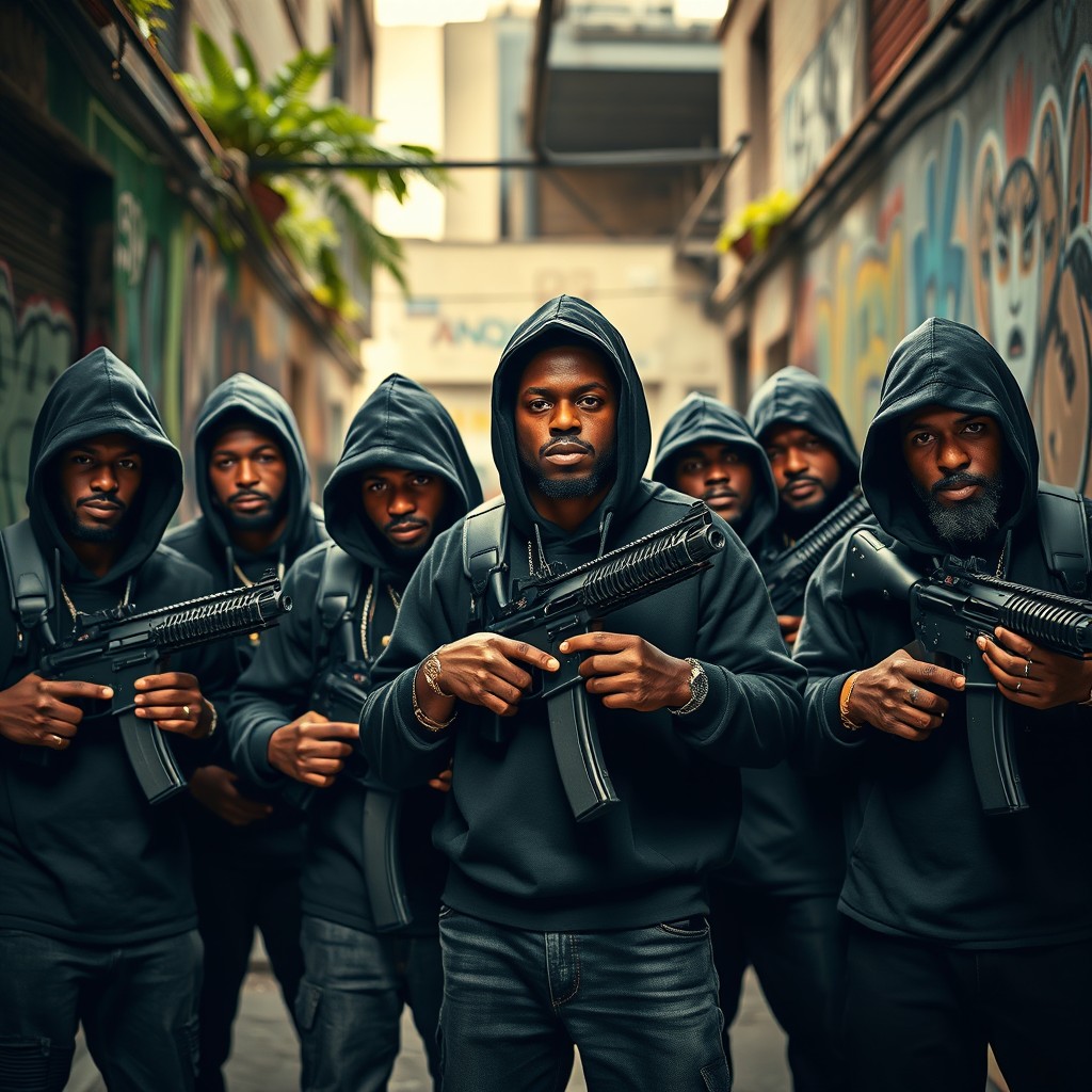 A powerful image of a group of Caribbean gangster rappers, all wearing hoods and exuding an air of defiance and strength