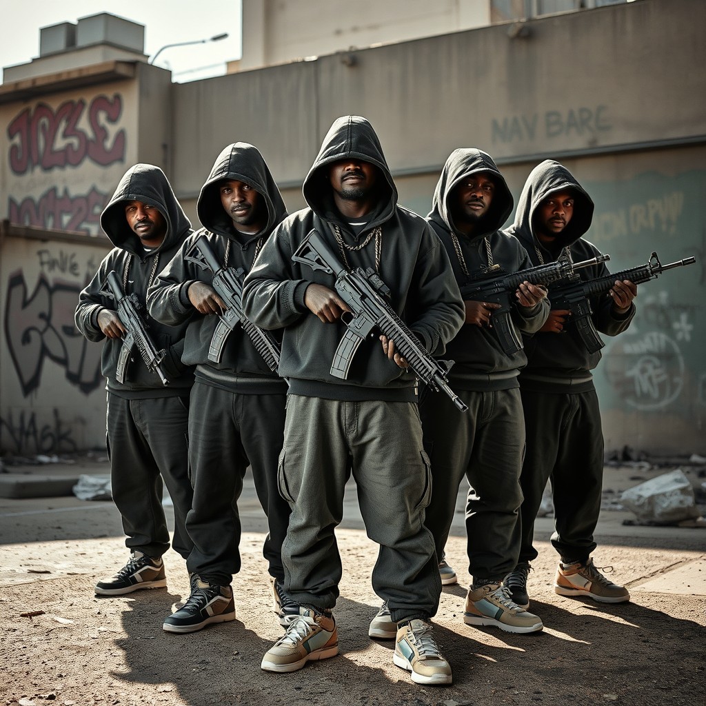 A powerful image of a group of gangster rappers, all wearing hoods, portraying an air of unity and strength