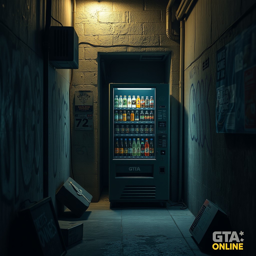 An intriguing scene featuring a hidden passage with a drink vending machine in a GTA Online style