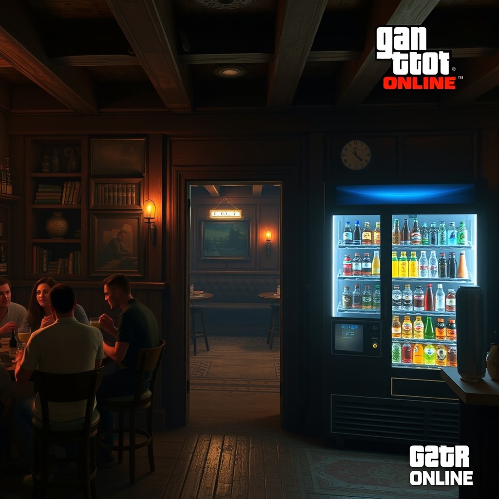 An engaging scene depicting a hidden passage with a drink vending machine inside a bar in GTA Online
