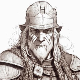 Retouch the previous digital painting of the grizzled fantasy general to a line art style while maintaining the same details and expressions