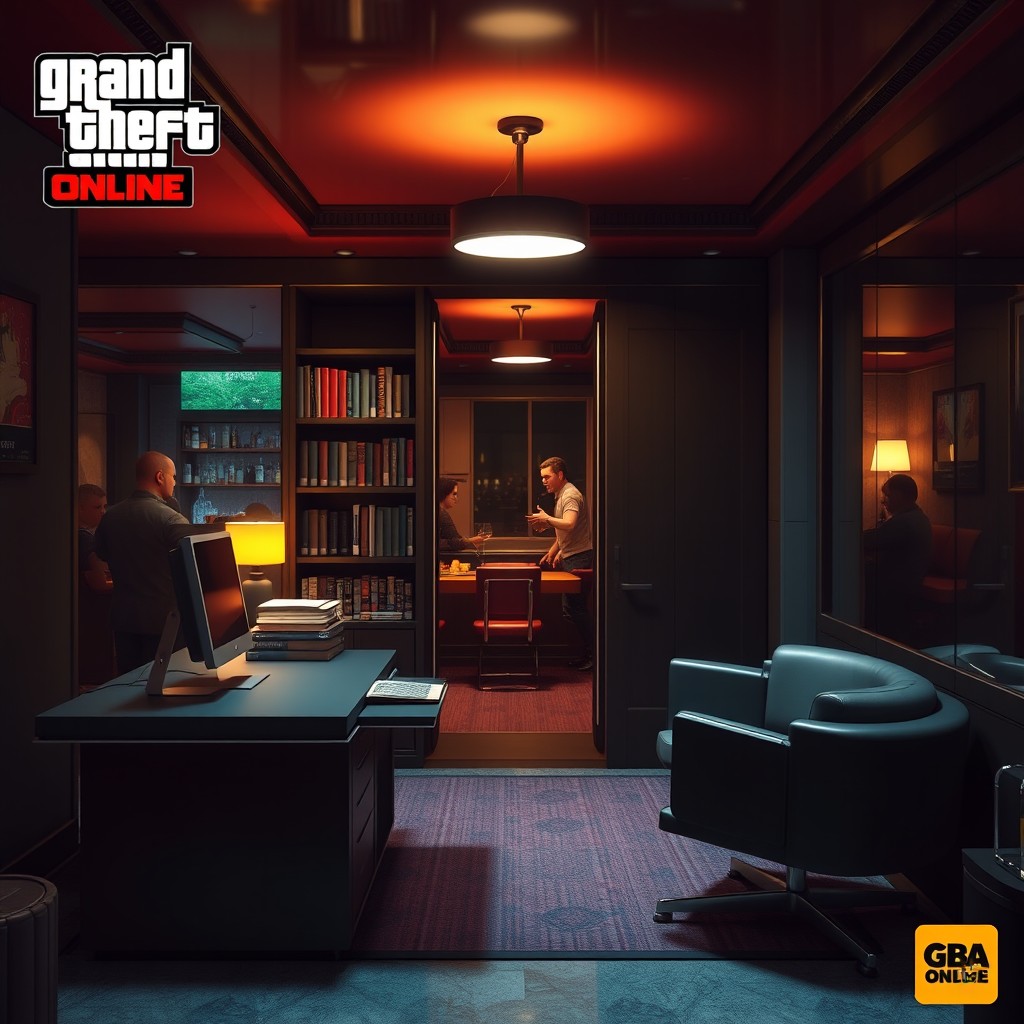An intriguing scene showcasing a hidden passage in an office located in a bar setting within GTA Online